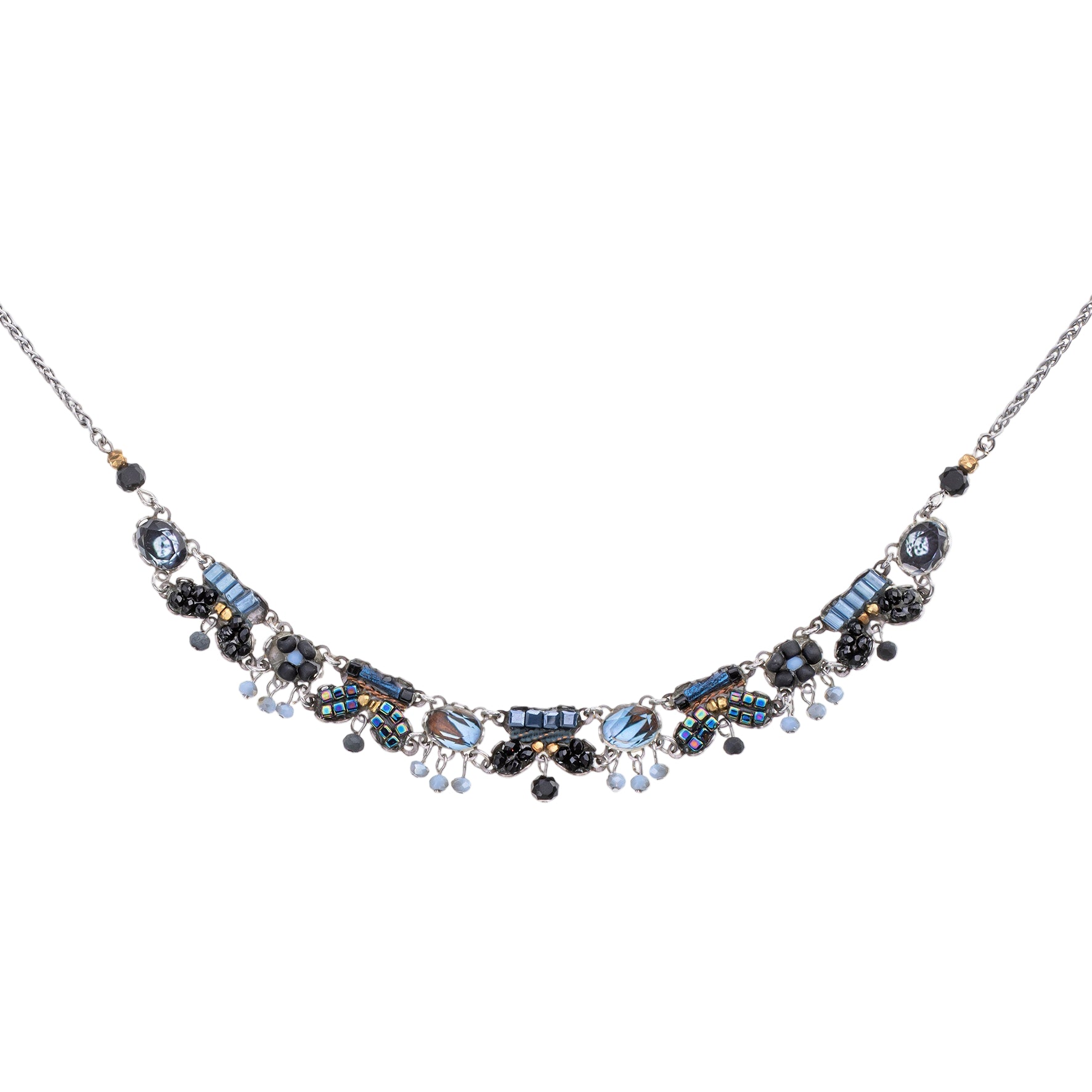 Necklace with blue and black beads on a white background