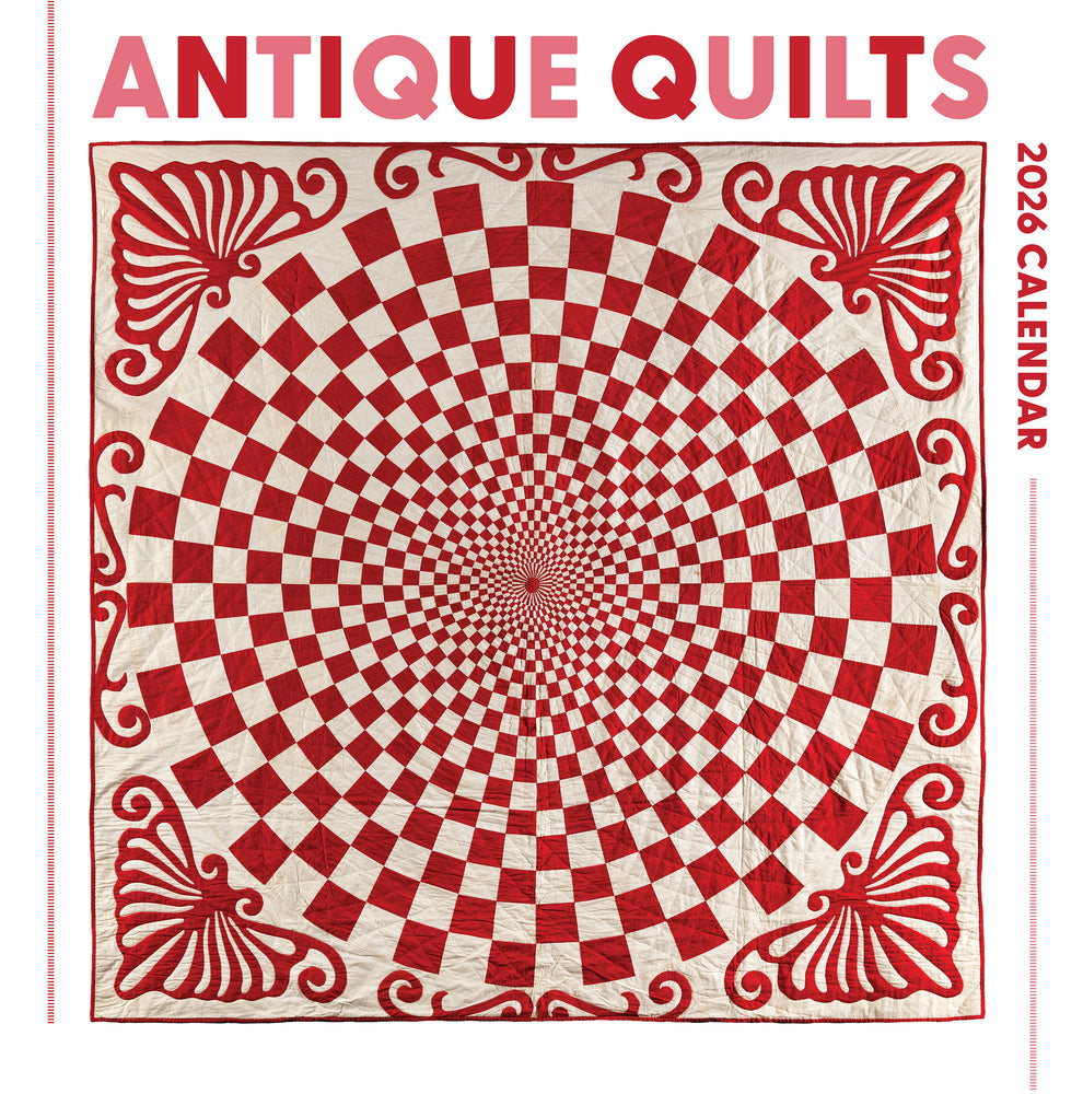 Red and white quilt design on a calendar cover with 'Antique Quilts' text.