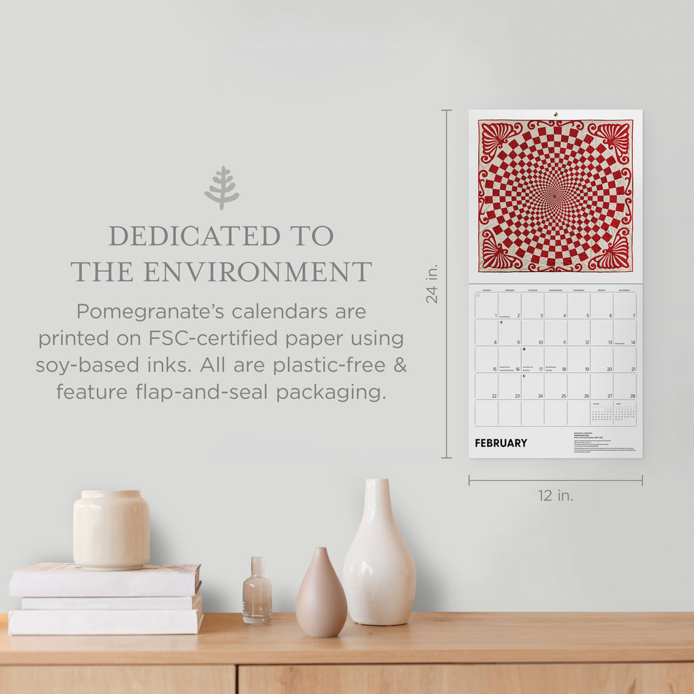 Pomegranate calendar on a wall with environmental information text and measurements of calendar
