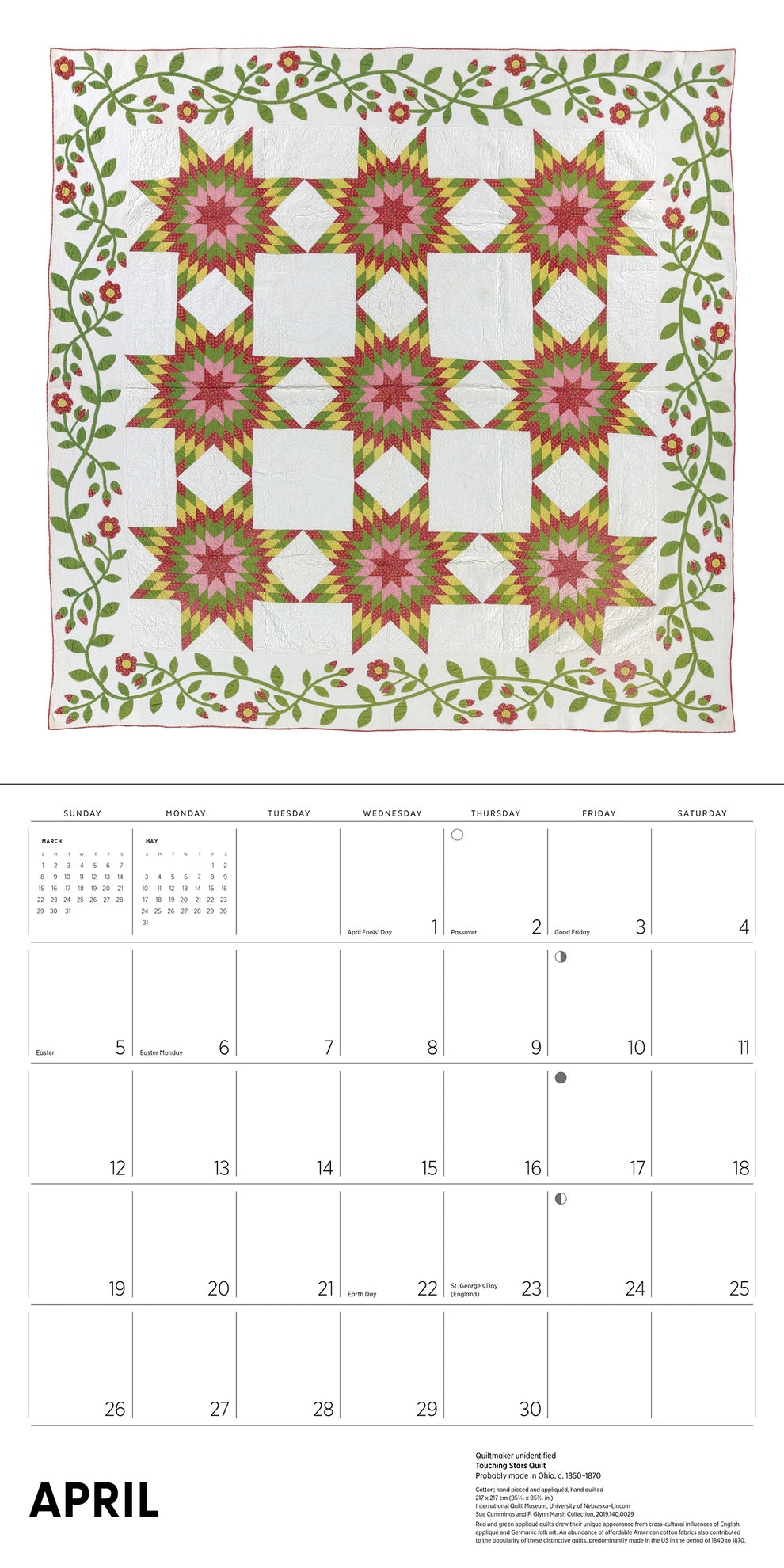 Quilt with floral pattern on a calendar page for April