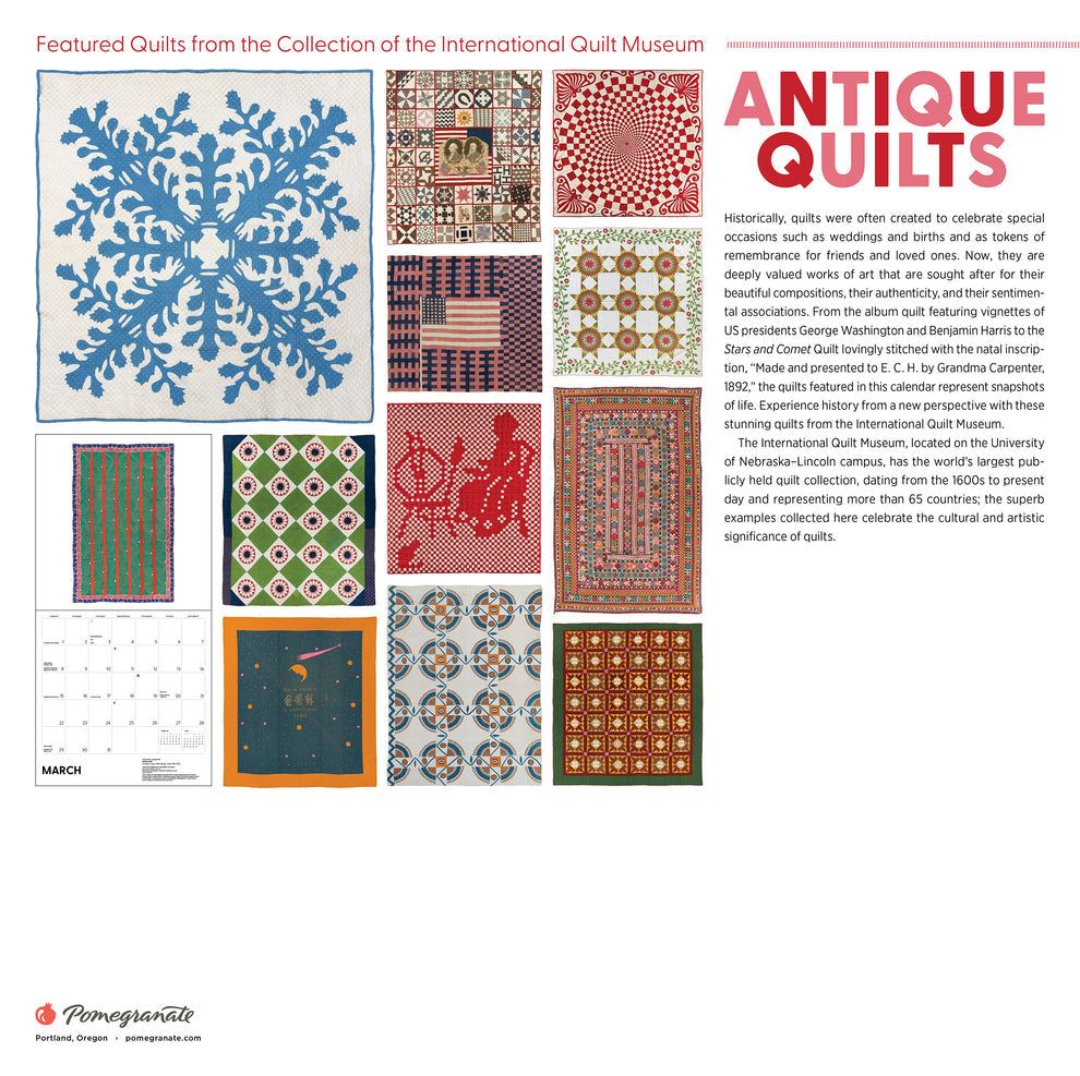 Collection of antique quilts from the International Quilt Museum with text and Pomegranate logo.