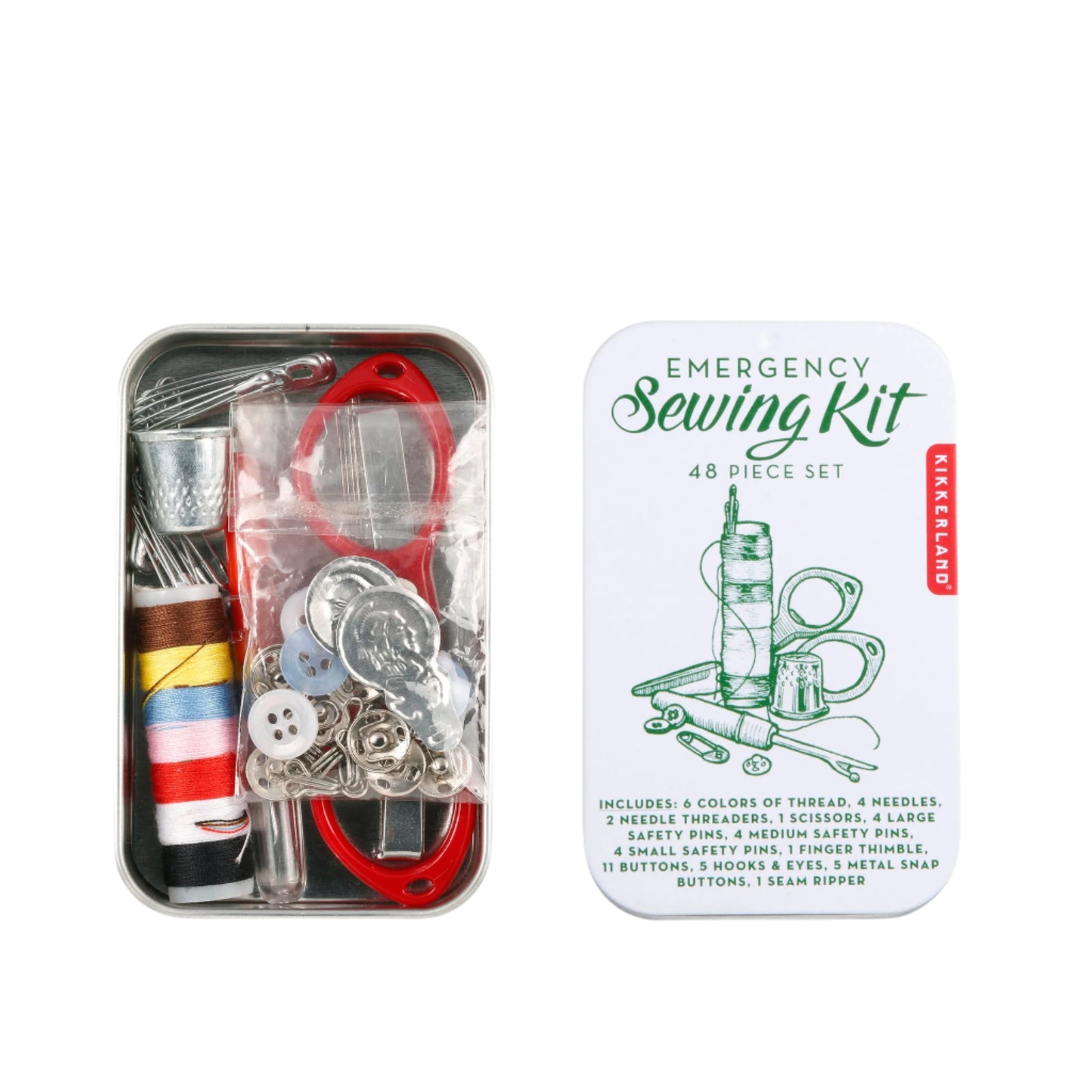Emergency sewing kit with tools and accessories in a tin, including a label on a white background.