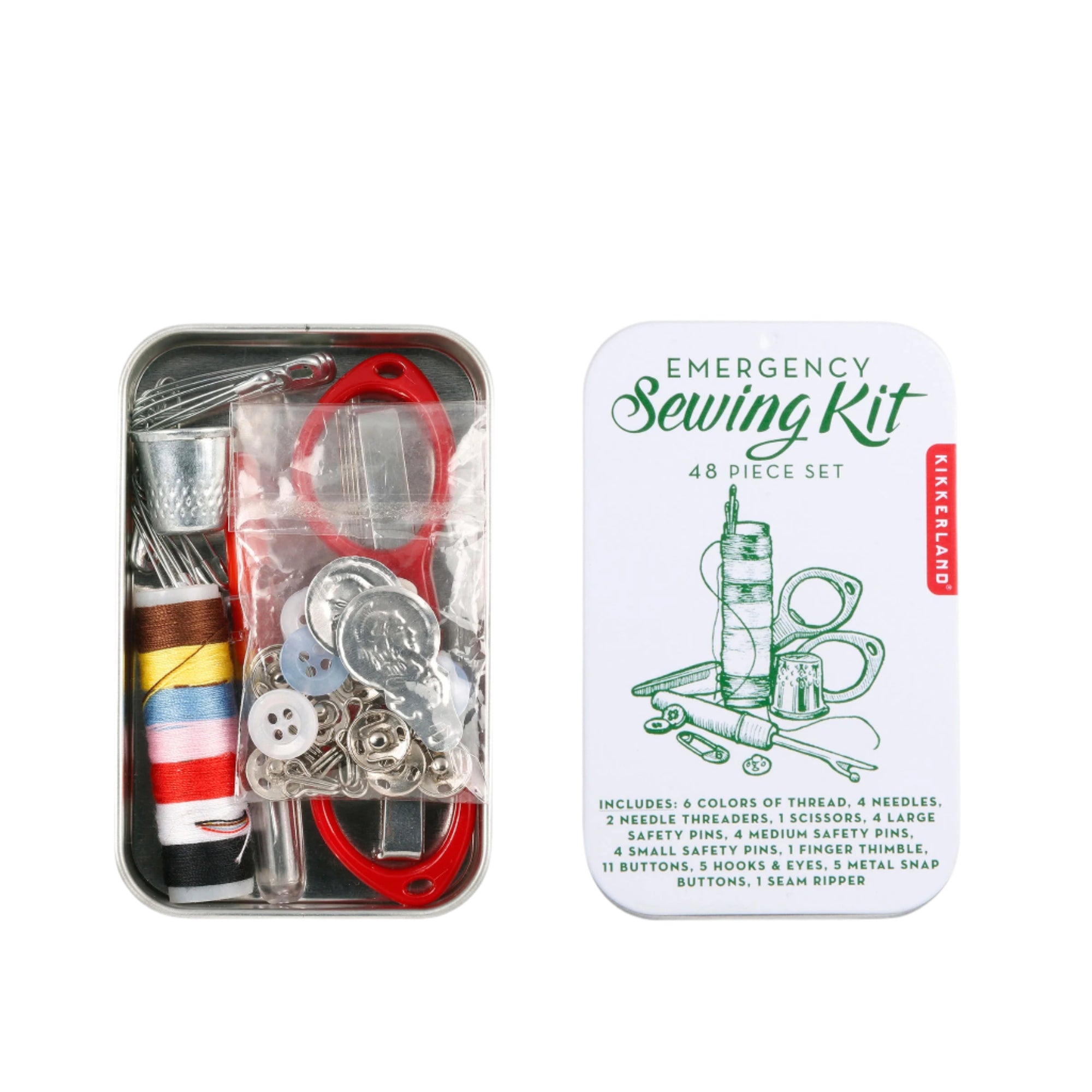 Emergency sewing kit with tools and accessories in a tin, including a label on a white background.