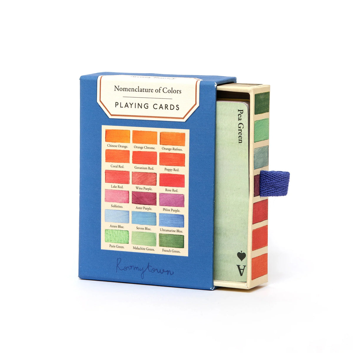 Playing cards with color swatches on a white background