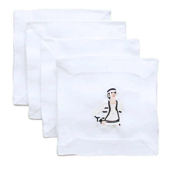 Set of 4 Coco Chanel Linen Embroidered Cocktail Napkin