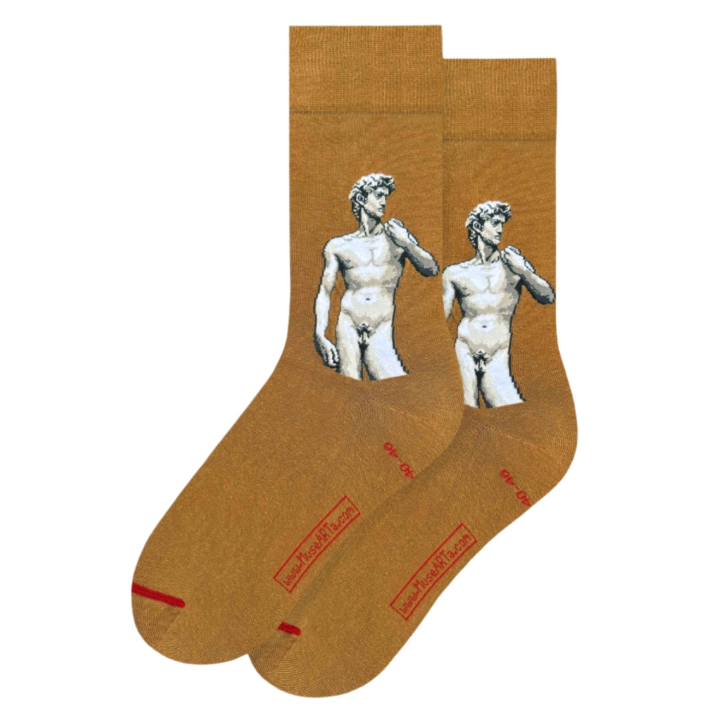 Brown socks with statue design on a white background