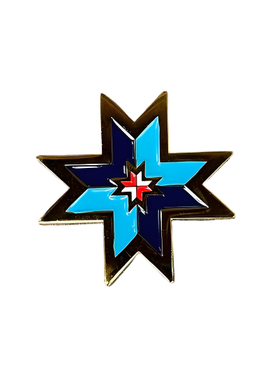 Star-shaped object with blue and red design