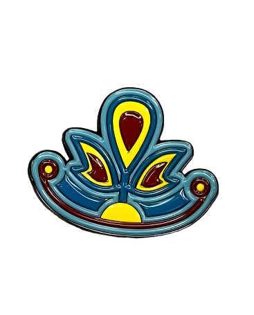 Decorative emblem with blue, yellow, and red colors 