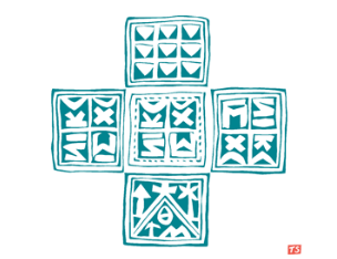 Notecard with white background and teal image of cross