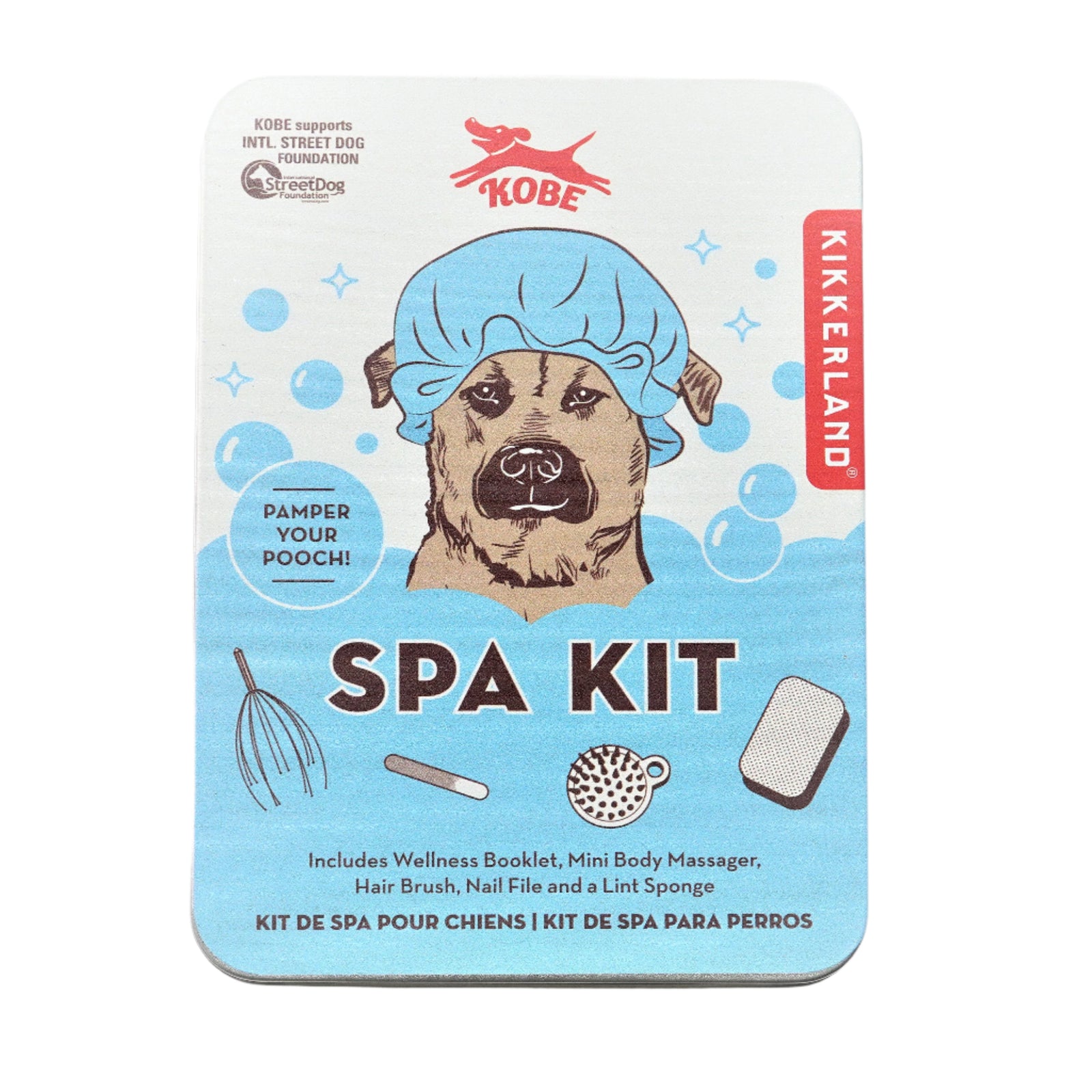 Dog spa kit packaging with a cartoon dog wearing a shower cap on a white background