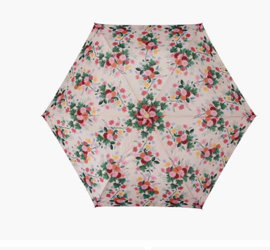 View from the top of a floral-patterned umbrella on a white background