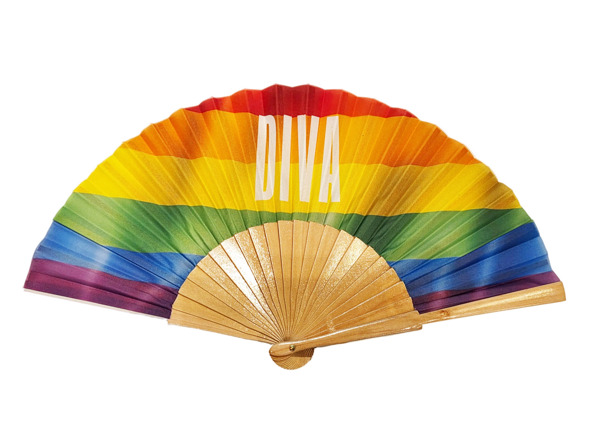 White Diva Logo on Rainbow Fan