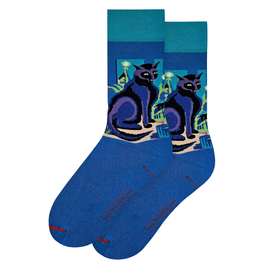Blue socks with cat design on a white background