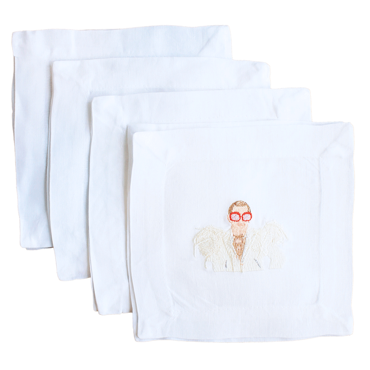 Set of 4 Elton John Linen Embroidered Cocktail Napkins