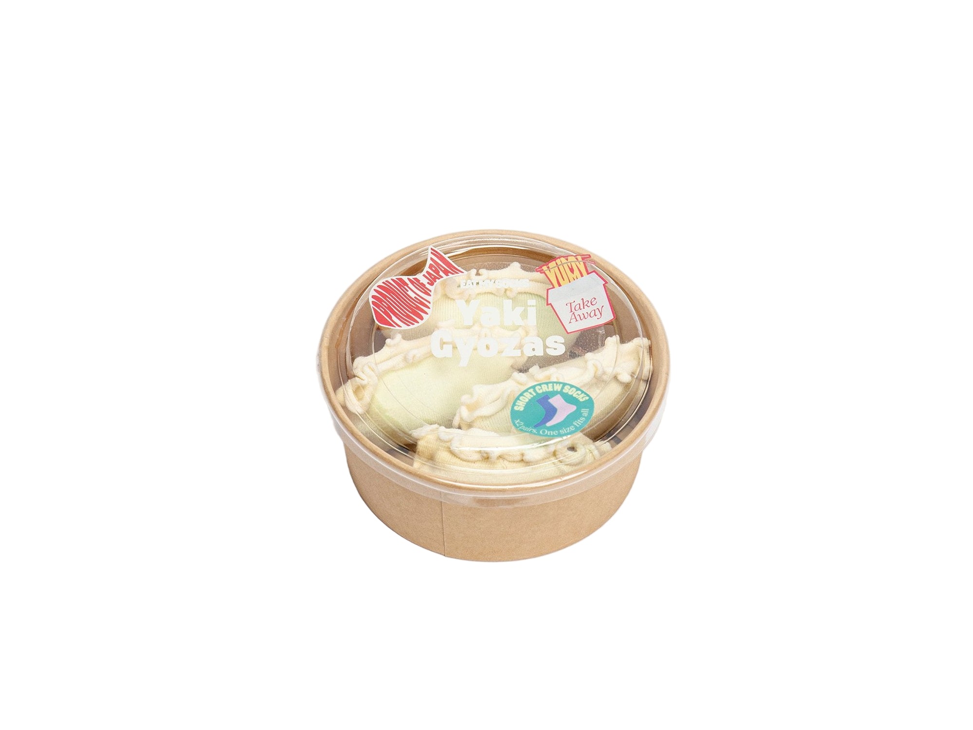 Brown paper bowl with cream pillows and white text on the lid.