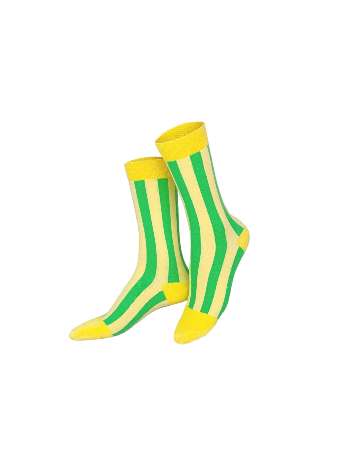 Yellow sock with green stripes.