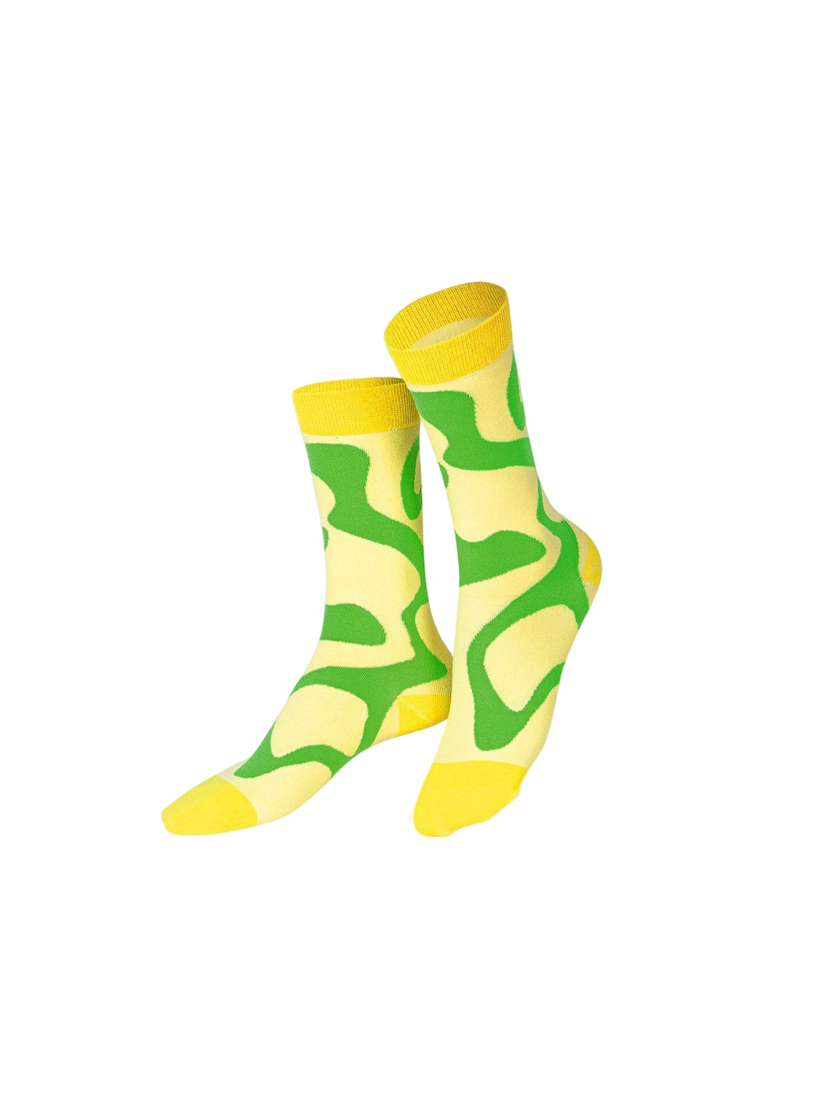 Yellow socks with greens squiggle lines.
