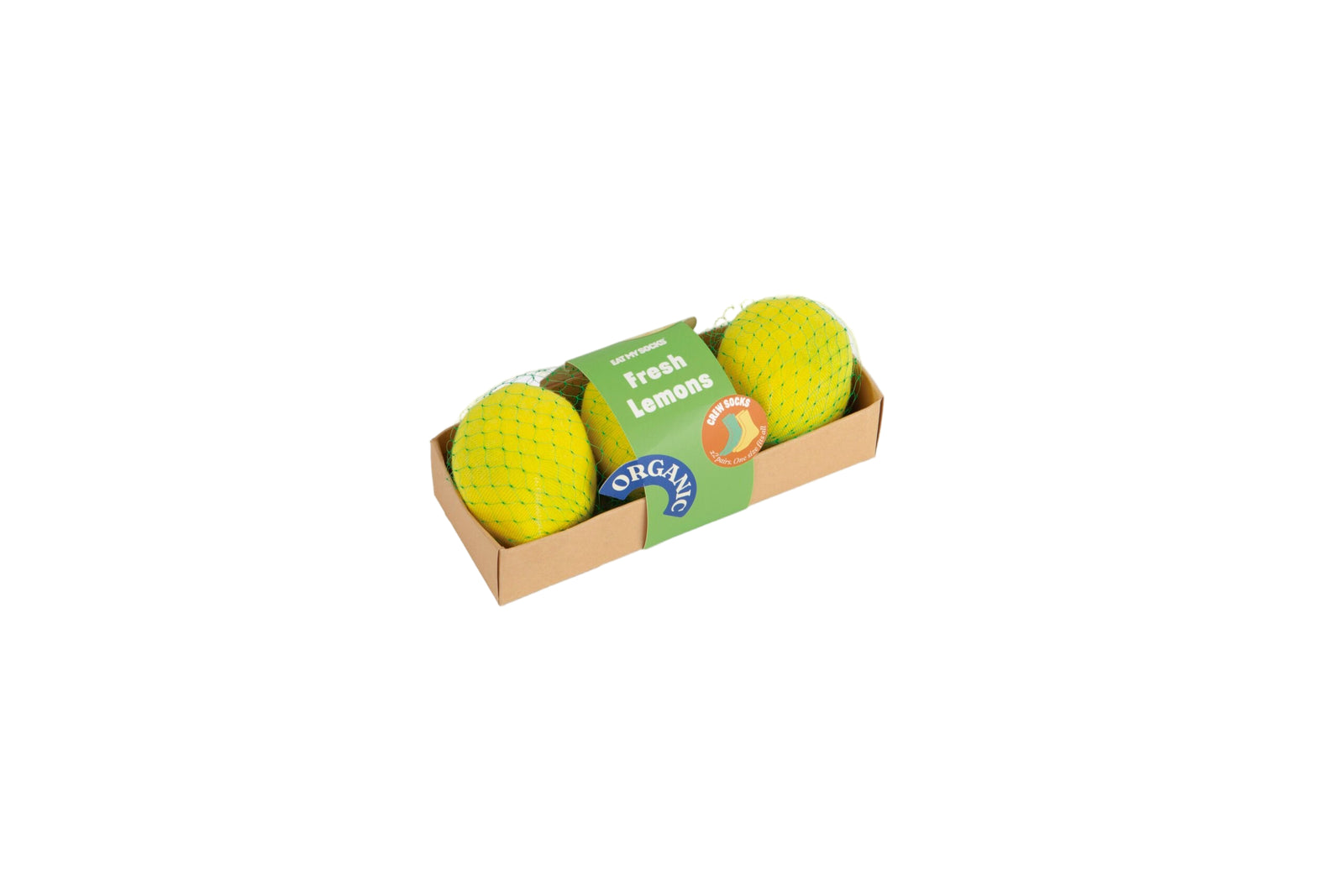 Brown box with yellow balls, green packaging with white text.