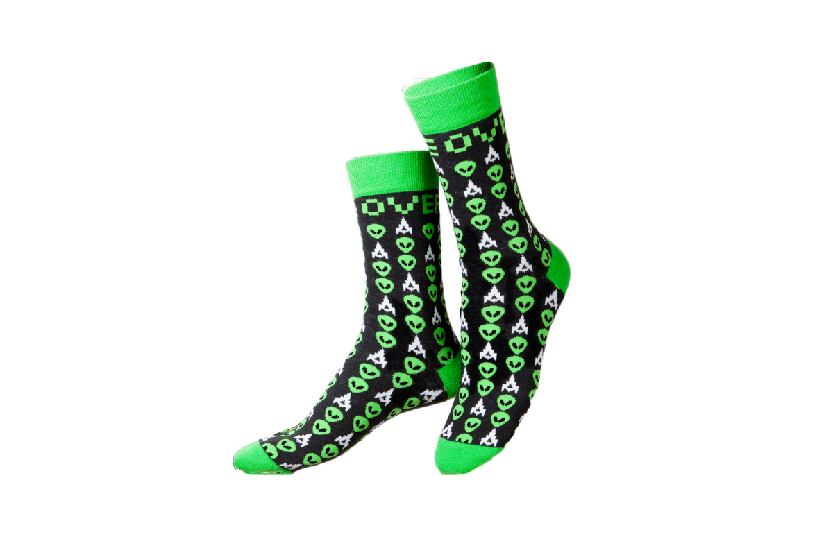 Black socks with neon green text and graphics
