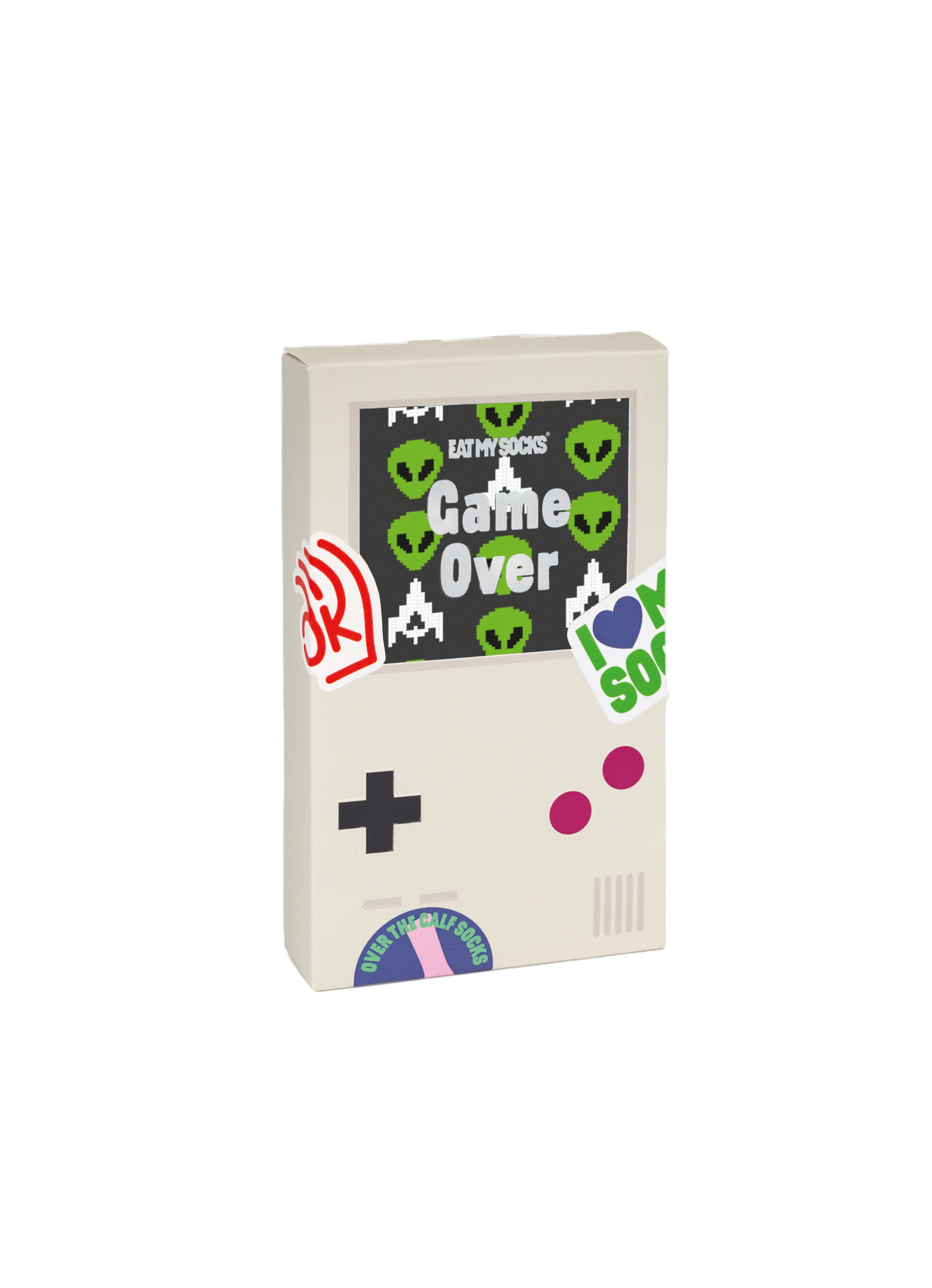 White packaging with red, green and white text and green martian faces.