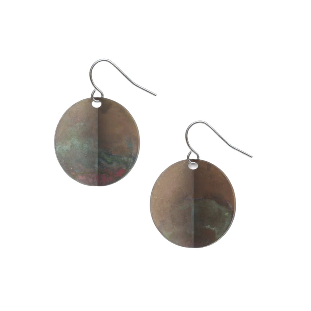 Pair of round earrings with a metallic finish on a white background