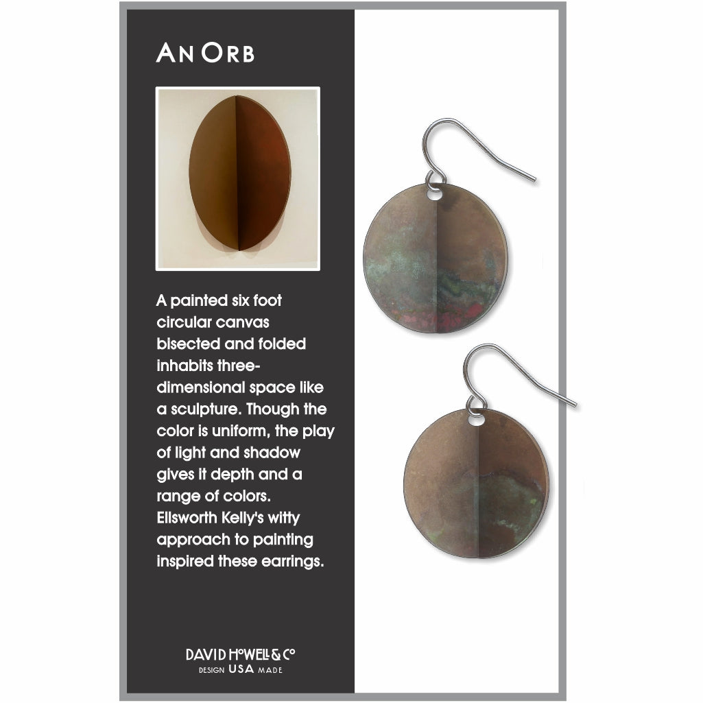 Pair of earrings with a &#39;An Orb&#39; branded card describing the design and inspiration.