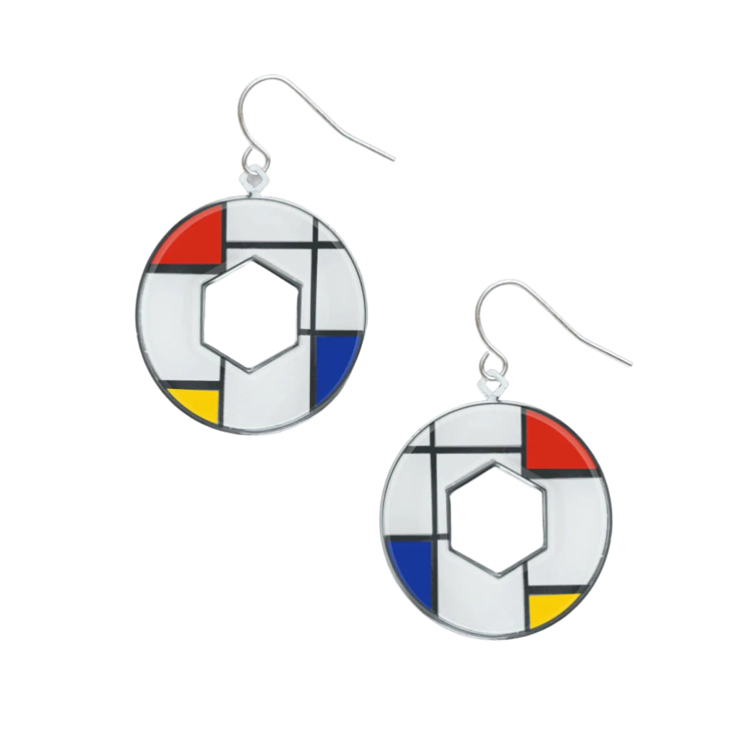 Pair of earrings with circular design inspired by Piet Mondrian on a white background