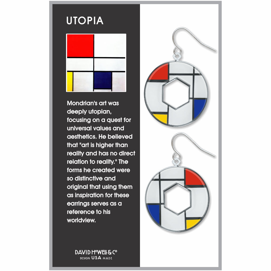 Mondrian-style earrings on a Utopia branded card with text about Mondrian&#39;s art.