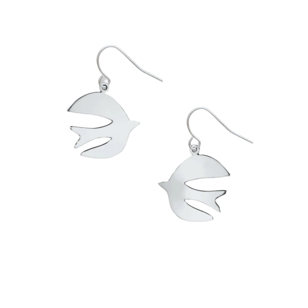Silver bird-shaped earrings on a white background