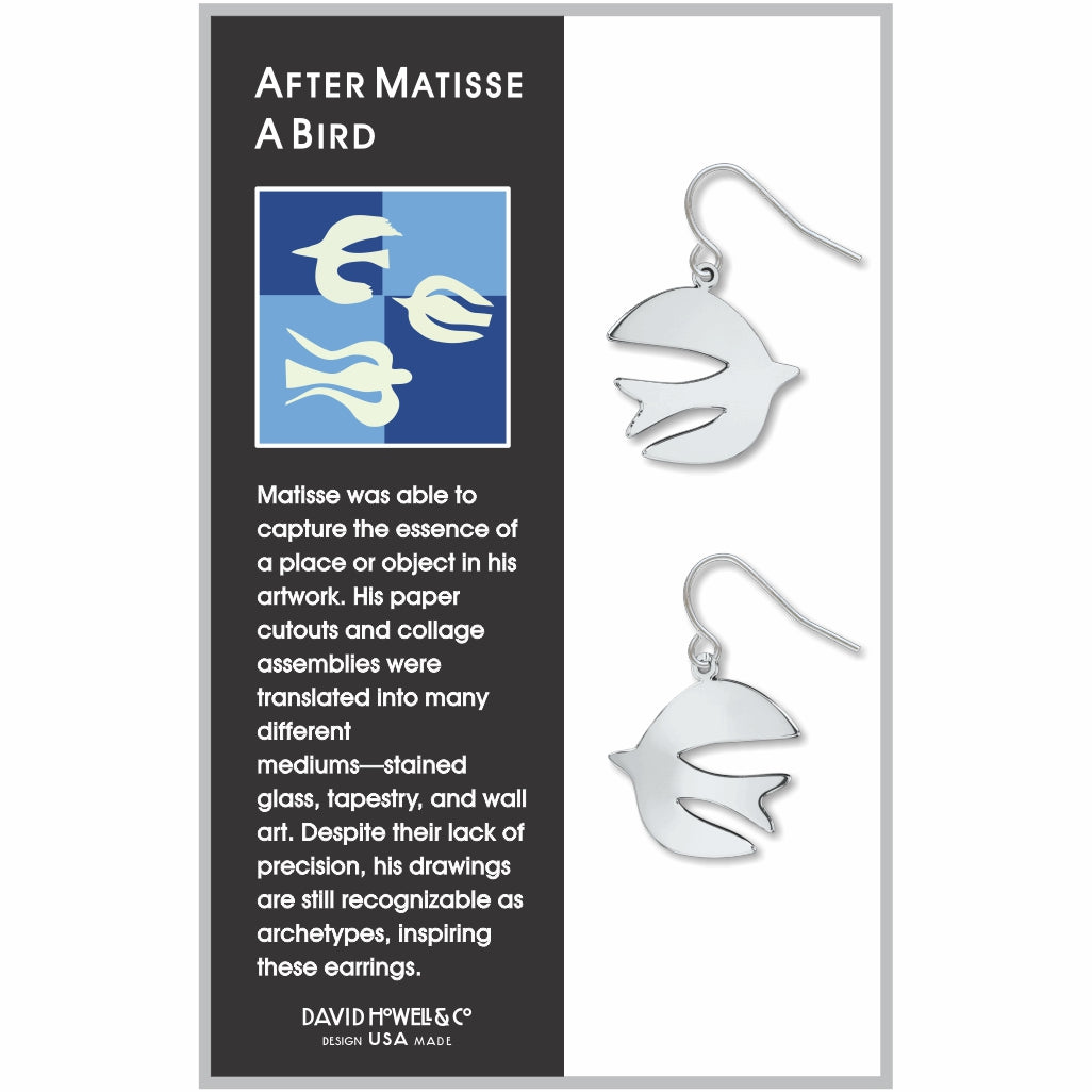 Silver bird earrings on a 'After Matisse A Bird' themed card with text and design information.