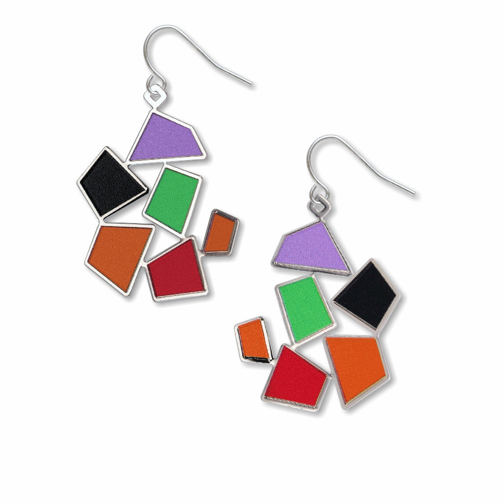 Colorful geometric earrings on a white background