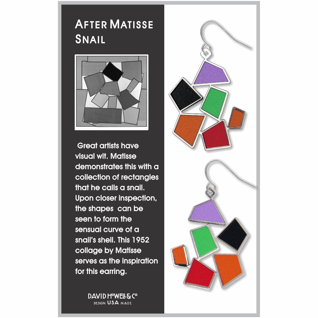 Earrings inspired by Matisse&#39;s &#39;Snail&#39; collage on a branded card.