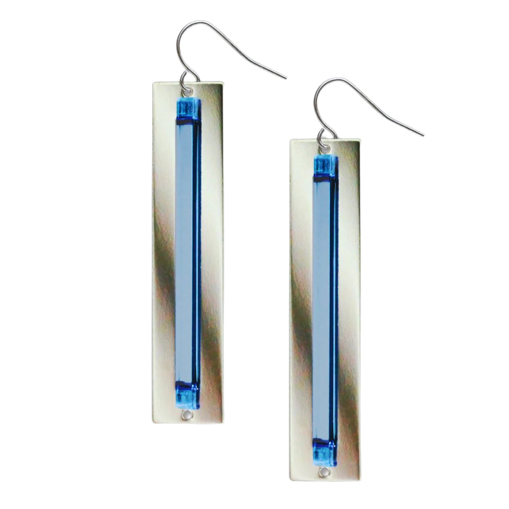 Pair of earrings with blue and silver design on a white background