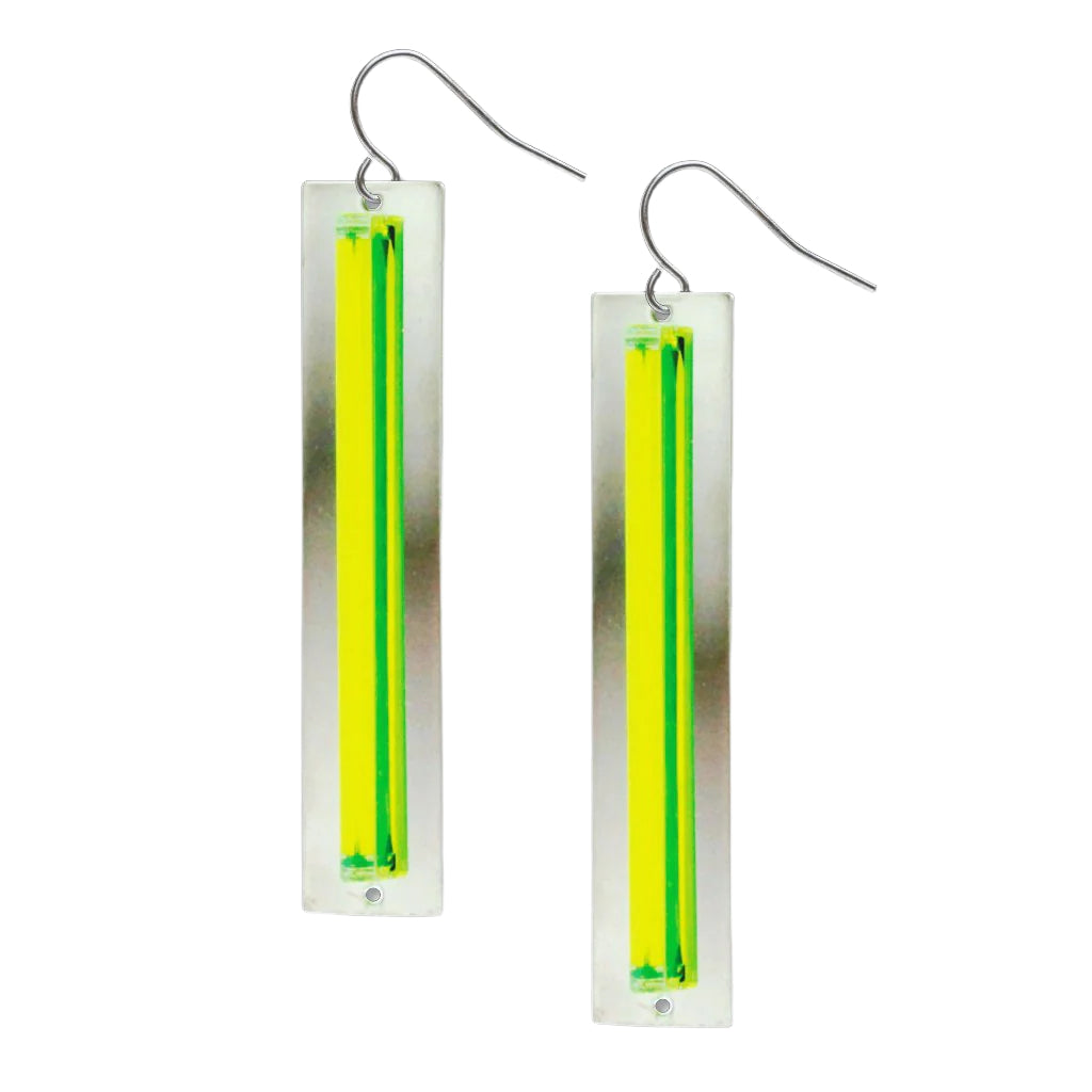 Long rectangular earrings with green and yellow stripes on a white background