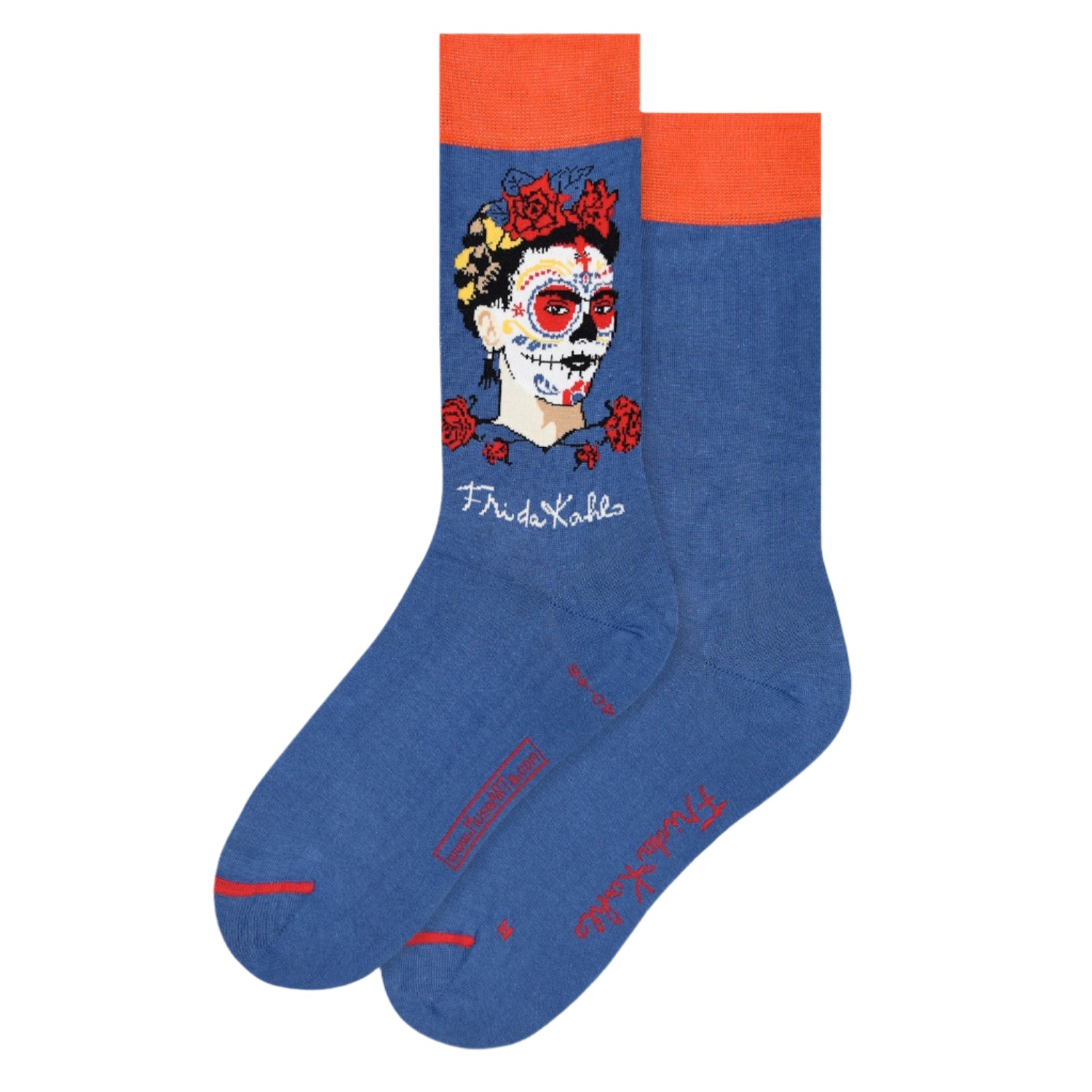 Blue socks with Frida Kahlo day of the dead design on a white background