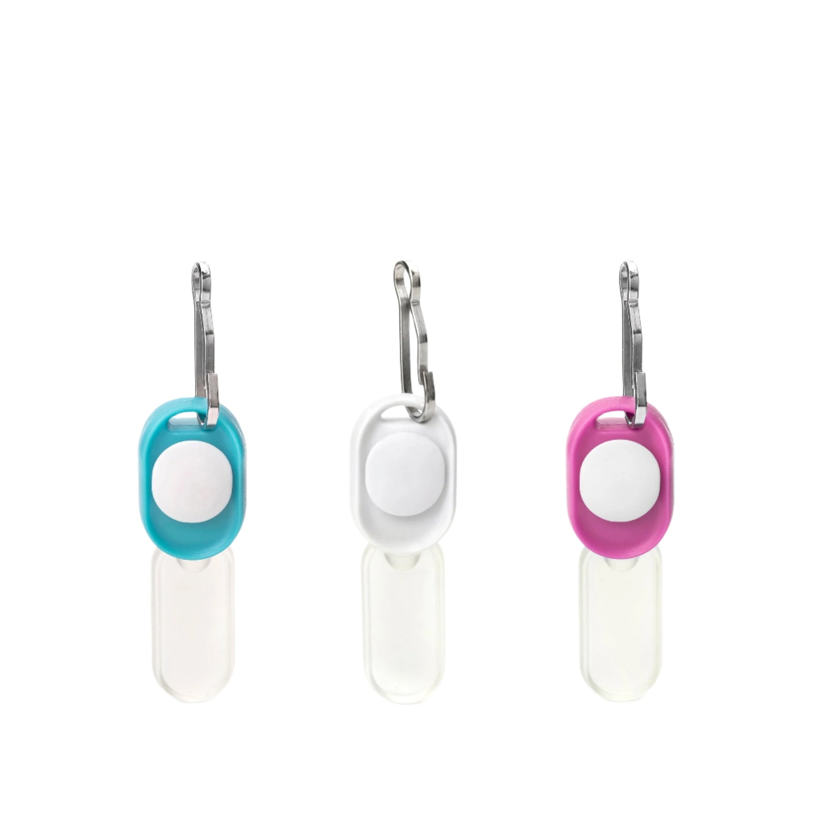 Three keychain lights devices with colorful tags on a white background