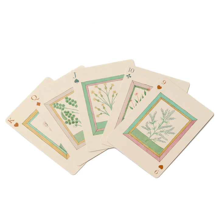 Set of playing cards with botanical designs on a white background