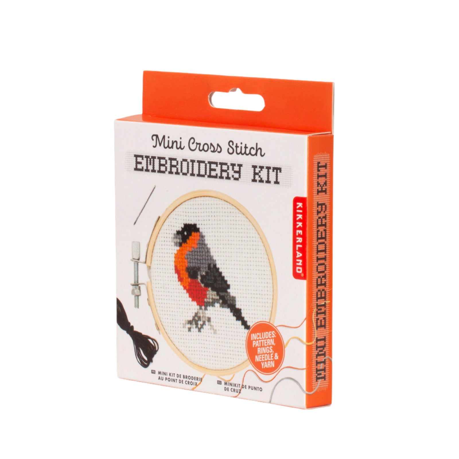 Kikkerland Mini Cross Stitch Embroidery Kit packaging on a white background