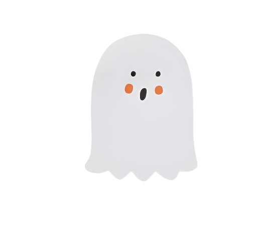 White ghost-shaped sticky note pad with black black eyes and mouth and orange cheeks on a white background
