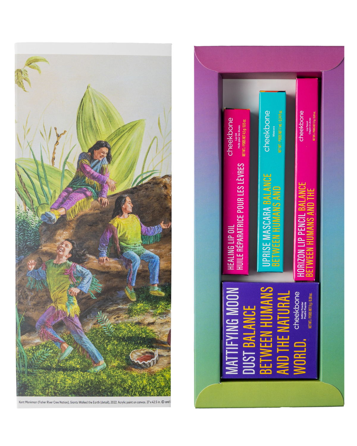 Box with lip oil, mascara, and lip pencil in a colorful decorative box, featuring Indigenous illustrations on the cover.