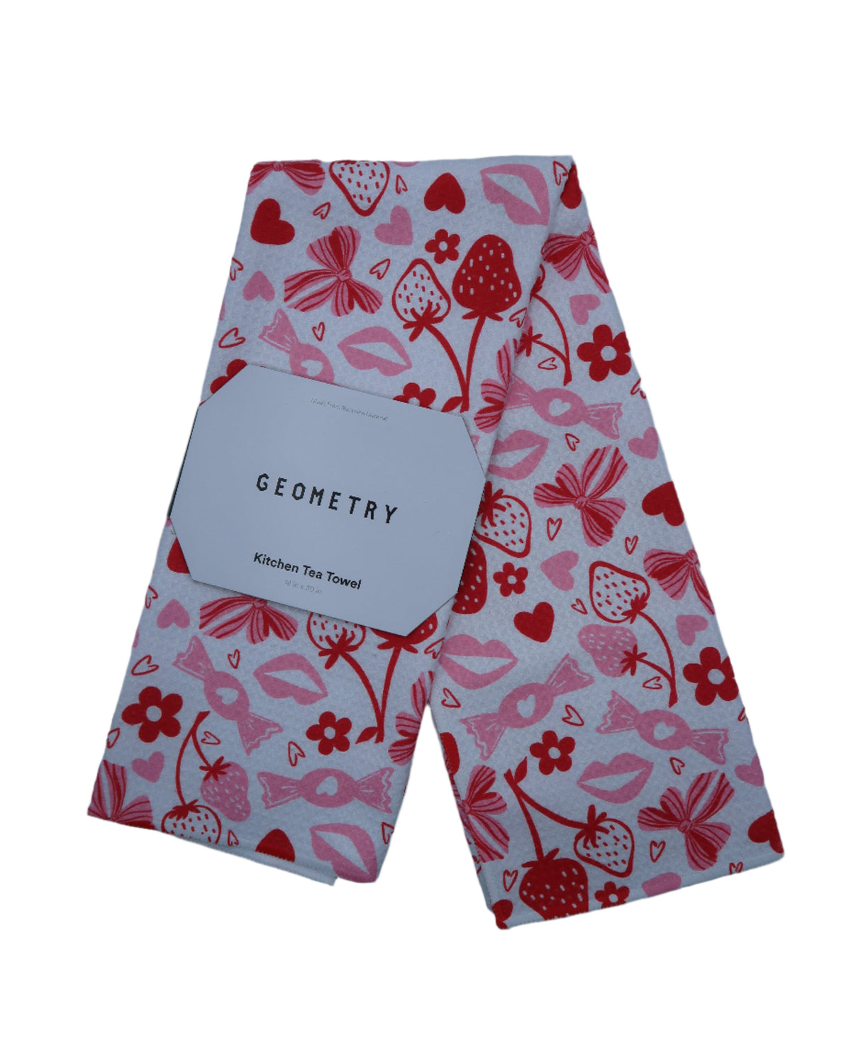Red and white towel with strawberries and candy pattern