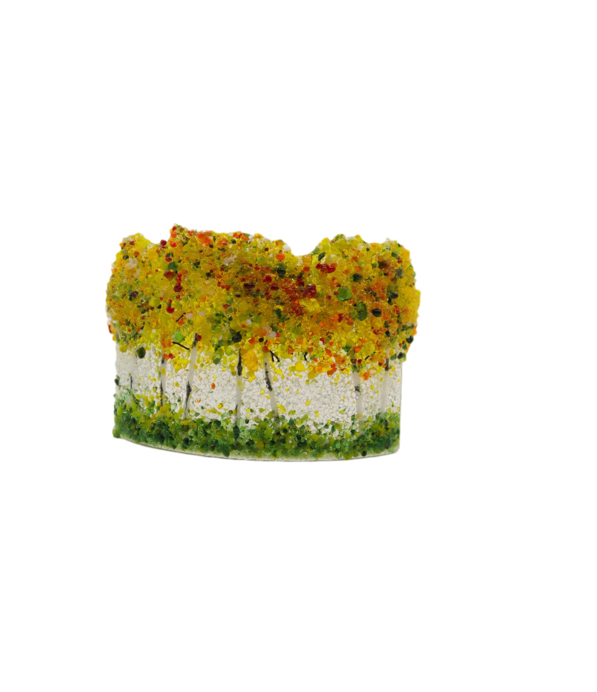 Decorative glass piece with yellow trees on a stand 
