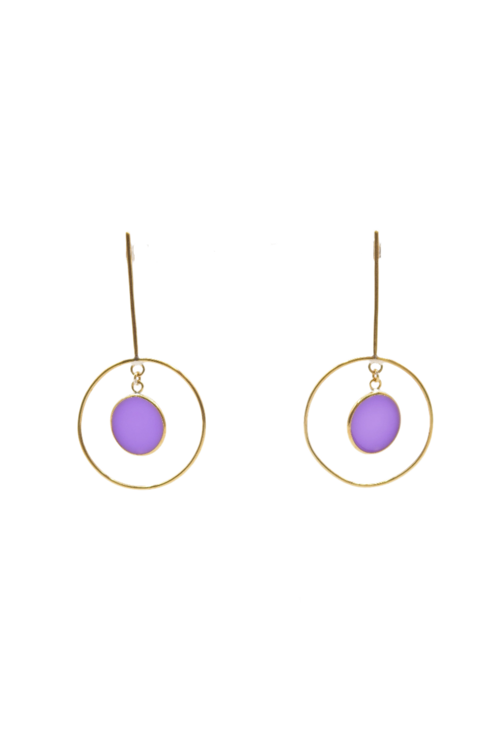 Pair of earrings with gold loops and light purple drop on a white background