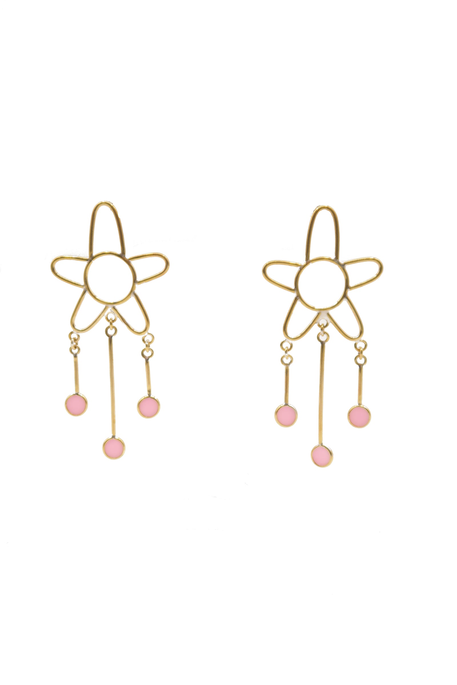 Pair of brass flower earrings with pink drops on a white background