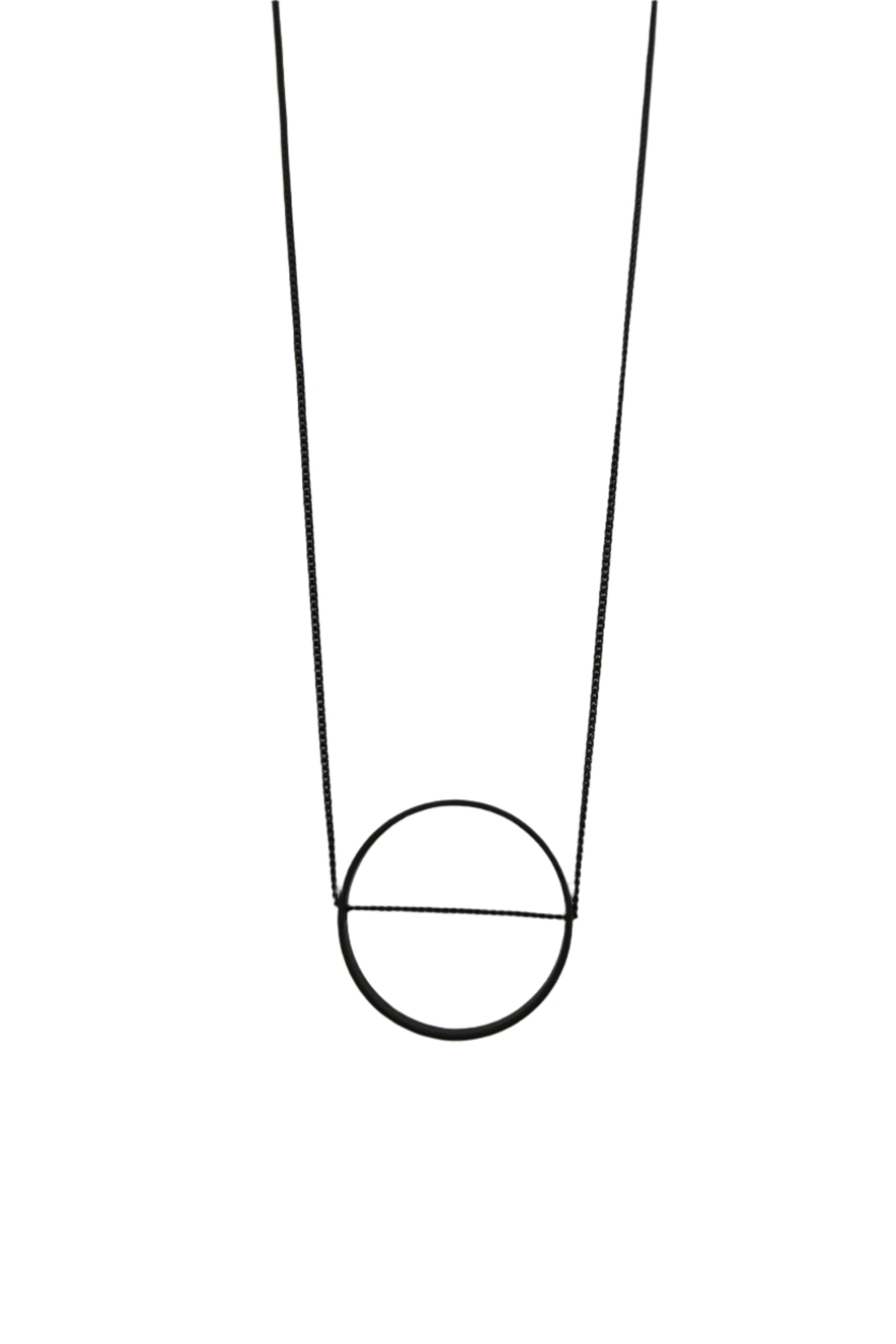 Black circle necklace with chain running through the middle