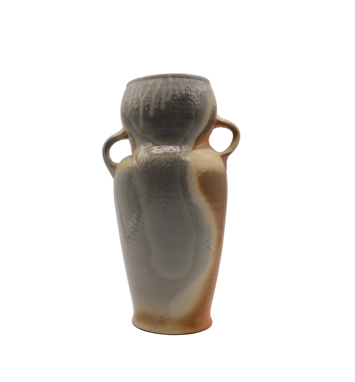 Ceramic vase with two handles on a white background