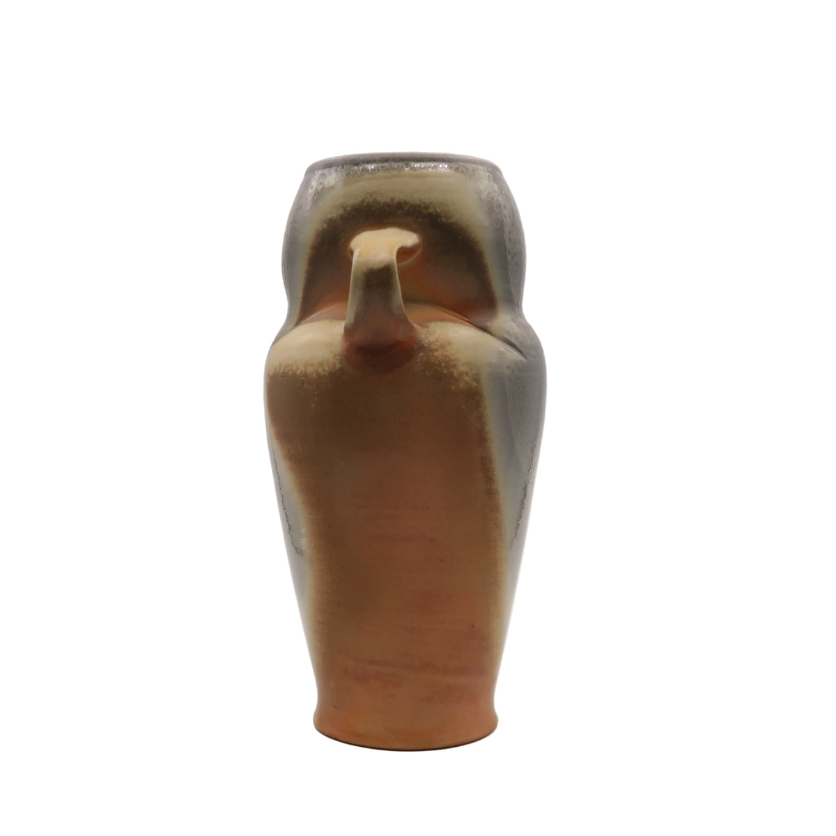 Side view of ceramic vase with a handles on a white background