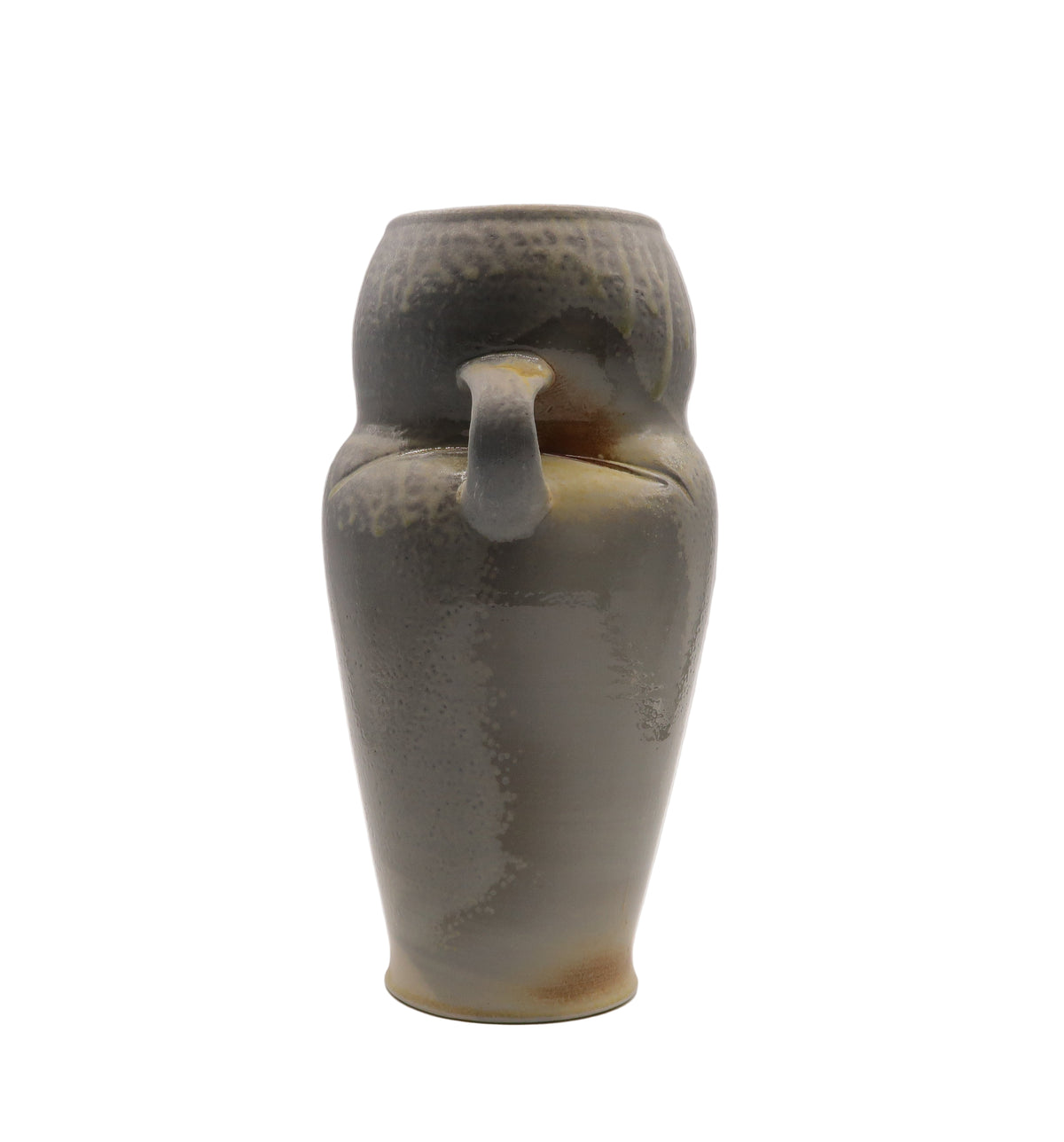 Ceramic vase with a handle on a white background