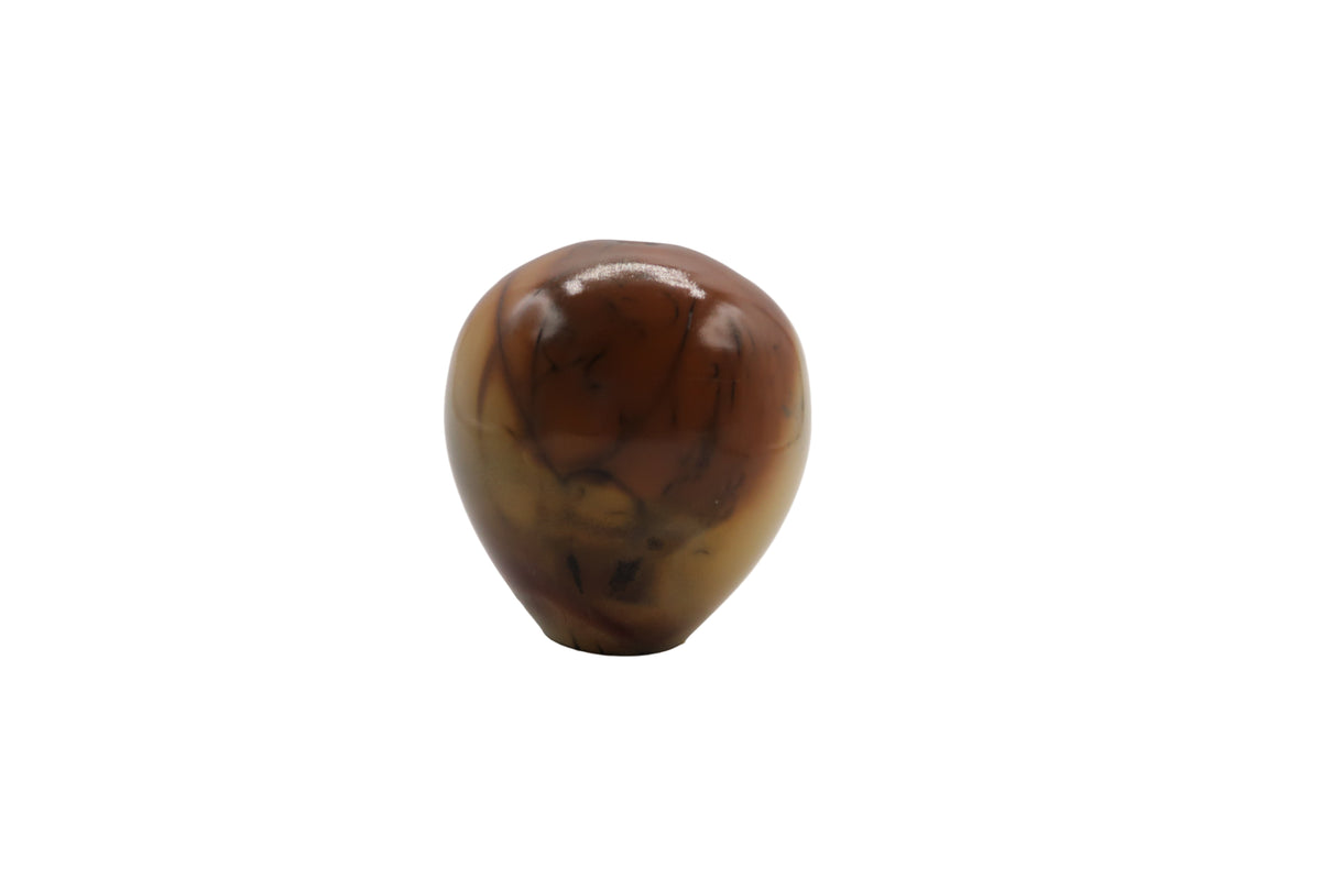 Marbled brown and beige egg shaped ceramic vase on a white background