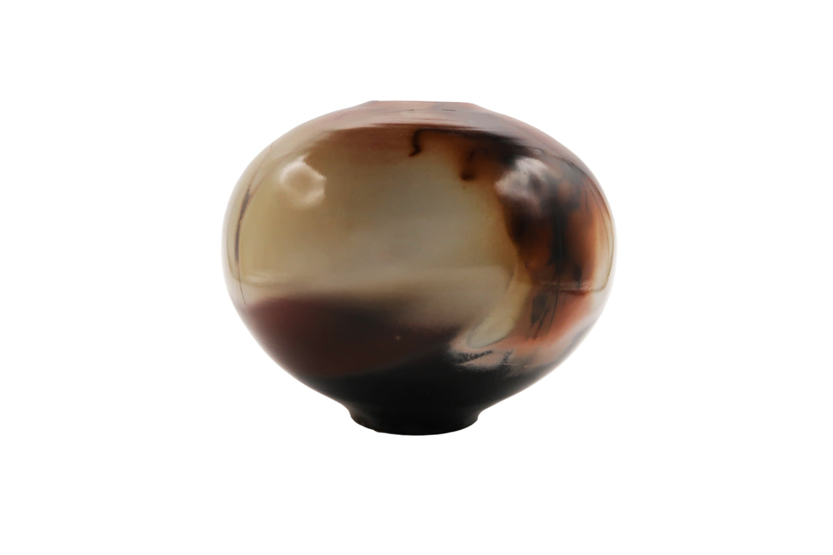 Ceramic round vase with brown and black gradient on a white background